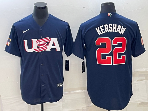 Men's 2023 World Baseball Classic #22 Clayton Kershaw USA Navy Jersey