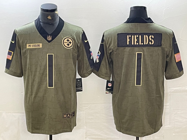 Men's Pittsburgh Steelers Justin Fields #1 Olive 2021 Salute To Service Player Limited Jersey