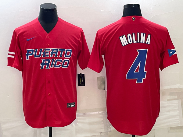 Men's 2023 World Baseball Classic #4 Yadier Molina Puerto Rico Red Jersey