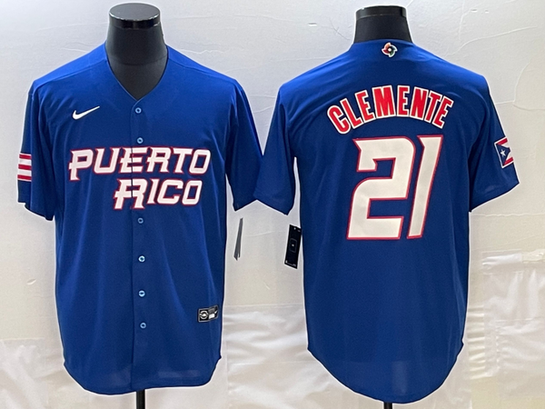 Men's 2023 World Baseball Classic #21 Roberto Clemente Puerto Rico Blue Jersey