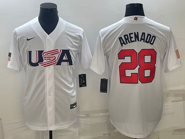 Men's 2023 World Baseball Classic #28 Nolan Arenado USA White Jersey