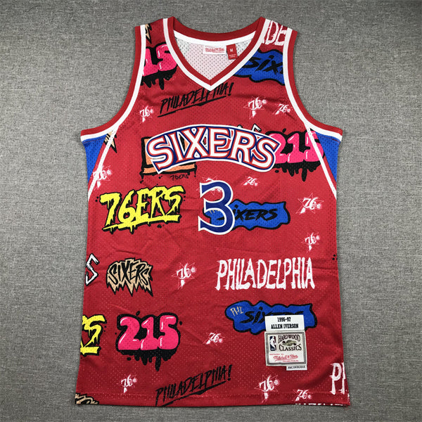 Men's Philadelphia 76ers Allen Iverson #3 Red Swingman Graffiti Edition Jersey