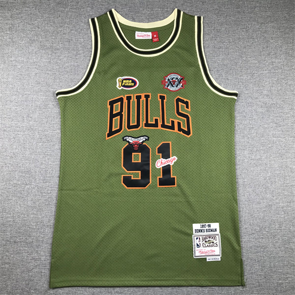 Men's Chicago Bulls Dennis Rodman #91 Army Green 1997-98 Hardwood Classics Swingman Jersey