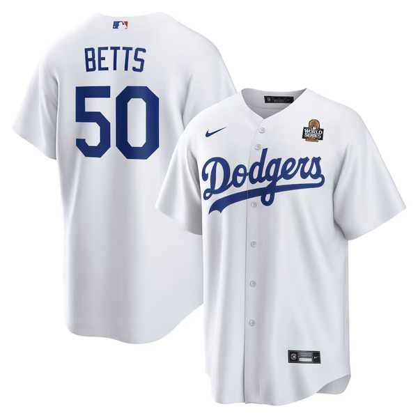 Men's Los Angeles Dodgers Mookie Betts #50 White 2024 World Series Home Replica Player Jersey