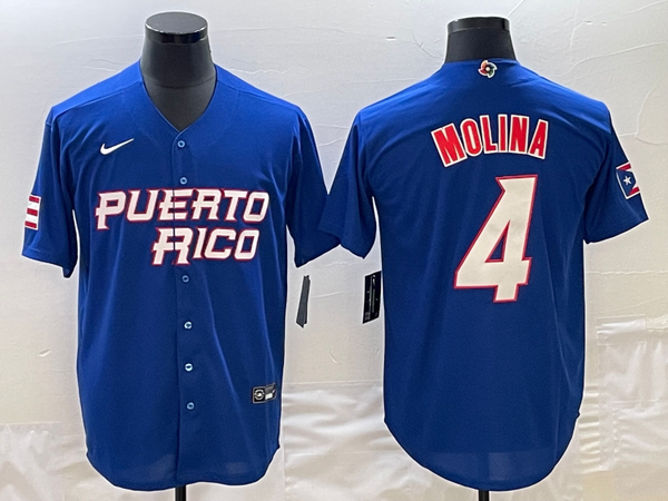 Men's 2023 World Baseball Classic #4 Yadier Molina Puerto Rico Blue Jersey