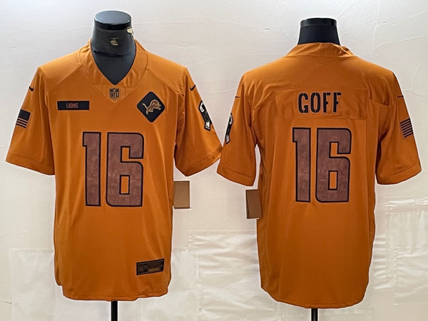 Men's Detroit Lions Jared Goff #16 Brown 2023 Salute To Service Limited Jersey