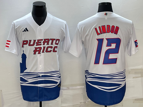 Men's 2023 World Baseball Classic #12 Francisco Lindor Puerto Rico White Jersey