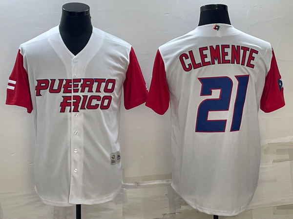 Men's 2023 World Baseball Classic #21 Roberto Clemente Puerto Rico Jersey White