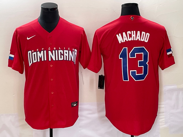 Men's 2023 World Baseball Classic #13 Manny Machado Dominican Republic Red Jersey