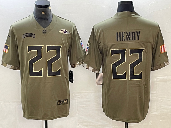 Men's Baltimore Ravens Derrick Henry #22 Olive 2022 Salute To Service Limited Jersey