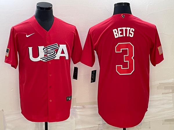 Men's 2023 World Baseball Classic #3 Mookie Betts USA Red Jersey