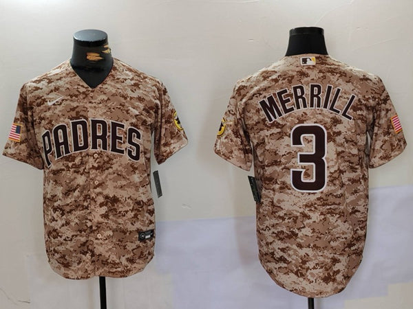 Men's San Diego Padres Jackson Merrill #3 Camo USMC Alternate Replica Player Jersey