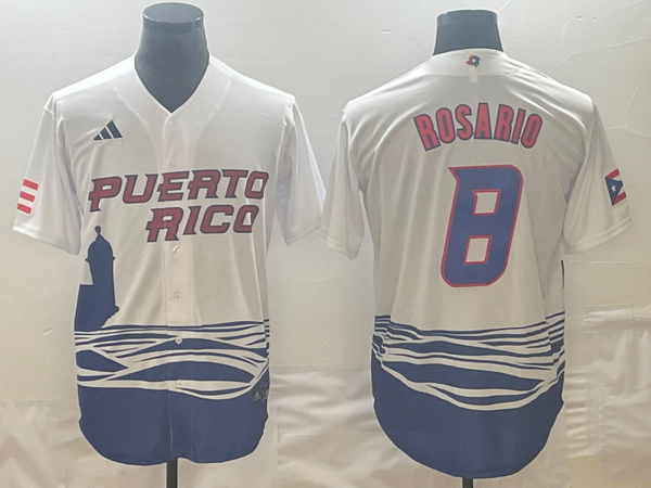 Men's 2023 World Baseball Classic #8 Eddie Rosario Puerto Rico White Jersey