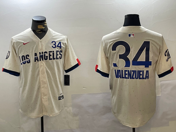 Men's Los Angeles Dodgers Fernando Valenzuela #34 Cream 2024 World Series Champions City Connect Limited Player Jersey