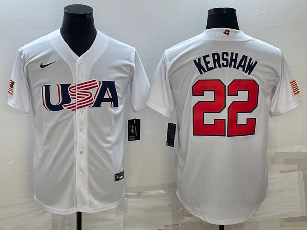 Men's 2023 World Baseball Classic #22 Clayton Kershaw USA White Jersey