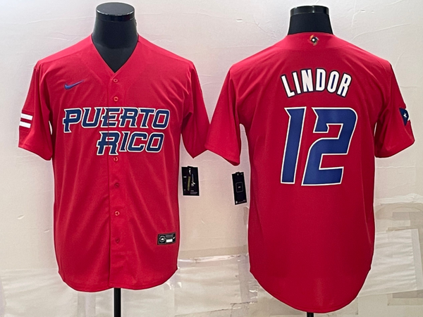 Men's 2023 World Baseball Classic #12 Francisco Lindor Puerto Rico Red Jersey