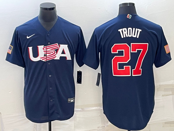 Men's 2023 World Baseball Classic #27 Mike Trout USA Navy Jersey