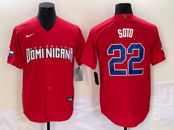 Men's 2023 World Baseball Classic #22 Juan Soto Dominican Republic Red Jersey