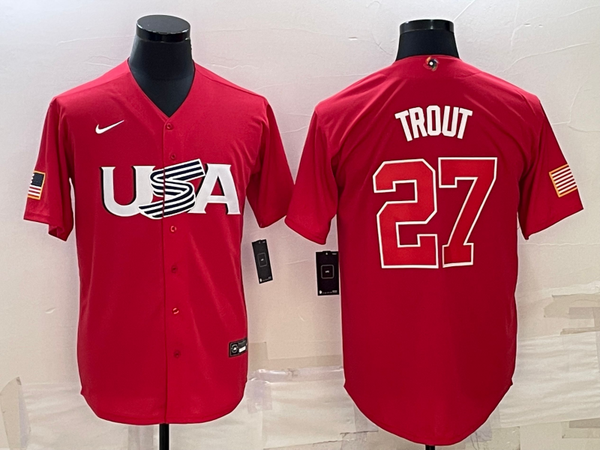 Men's 2023 World Baseball Classic #27 Mike Trout USA Red Jersey