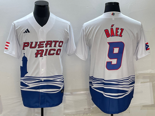 Men's 2023 World Baseball Classic #9 Javier Baez Puerto Rico White Jersey