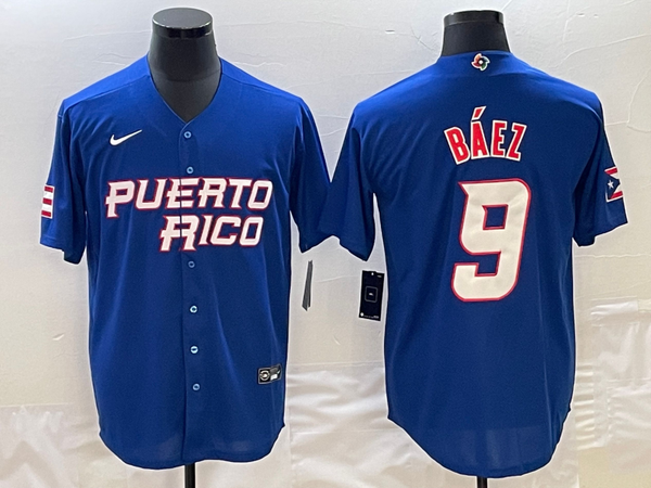 Men's 2023 World Baseball Classic #9 Javier Baez Puerto Rico Blue Jersey