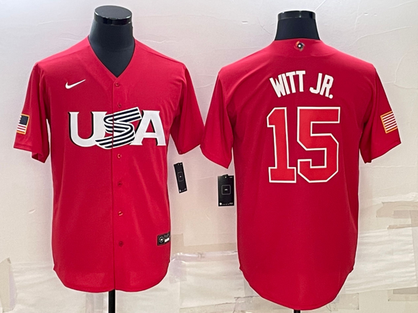 Men's 2023 World Baseball Classic #15 Bobby Witt Jr. USA Red Jersey