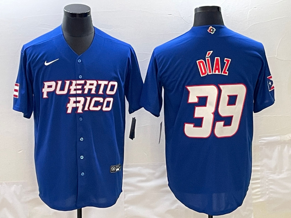 Men's 2023 World Baseball Classic #39 Edwin Diaz Puerto Rico Blue Jersey