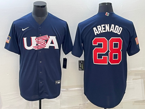 Men's 2023 World Baseball Classic #28 Nolan Arenado USA Navy Jersey