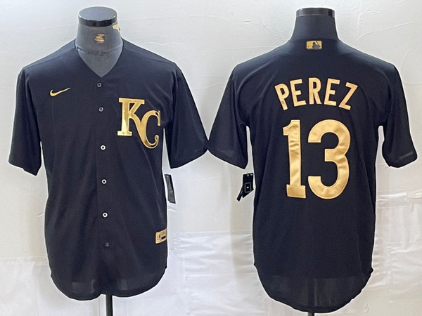 Men's Kansas City Royals Salvador Perez #13 Black Replica Player Jersey