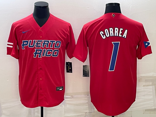 Men's 2023 World Baseball Classic #1 Carlos Correa Puerto Rico Red Jersey