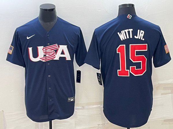 Men's 2023 World Baseball Classic #15 Bobby Witt Jr. USA Navy Jersey