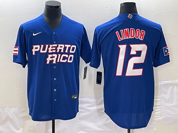 Men's 2023 World Baseball Classic #12 Francisco Lindor Puerto Rico Blue Jersey