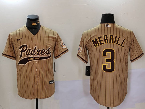 Men's San Diego Padres Jackson Merrill #3 Tan Alternate Replica Player Jersey