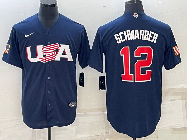 Men's 2023 World Baseball Classic #12 Kyle Schwarber USA Navy Jersey