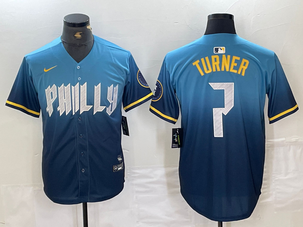 Men's Philadelphia Phillies Trea Turner #7 Blue 2024 City Connect Limited Player Jersey