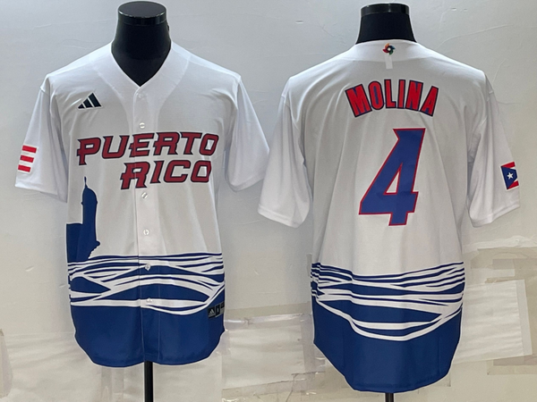 Men's 2023 World Baseball Classic #4 Yadier Molina Puerto Rico White Jersey