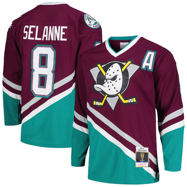 Men's Anaheim Ducks Teemu Selanne Mitchell #8 Ness Purple 1996/97 Alternate Captain Patch Blue Line Player Jersey