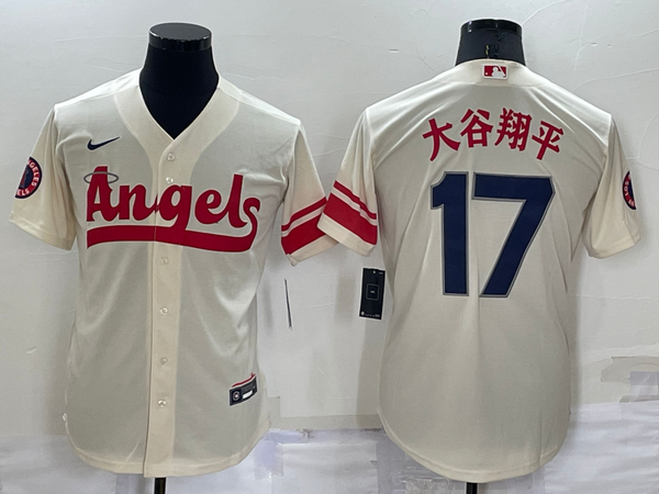 Men's Los Angeles Angels "¡䨮1¨¨?¨¨?" #17 Beige Replica Baseball Jersey