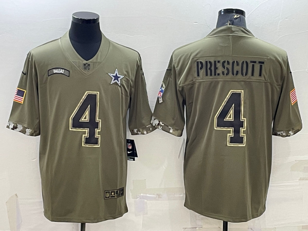 Men's Dallas Cowboys Dak Prescott #4 Olive 2022 Salute To Service Limited Jersey