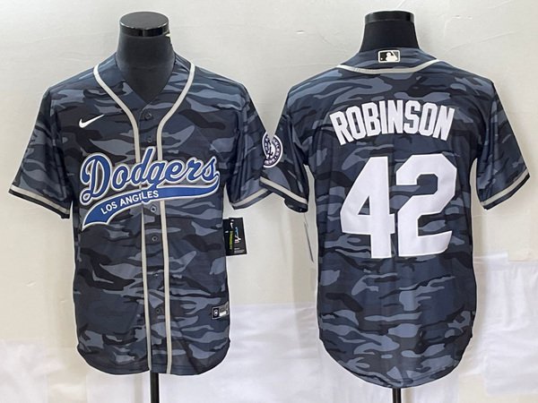 Men's Los Angeles Dodgers Jackie Robinson #42 Grey Camouflage Player Jersey Joint Edition