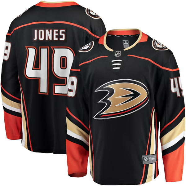 Men's Anaheim Ducks Max Jones #49 Black Home Breakaway Jersey