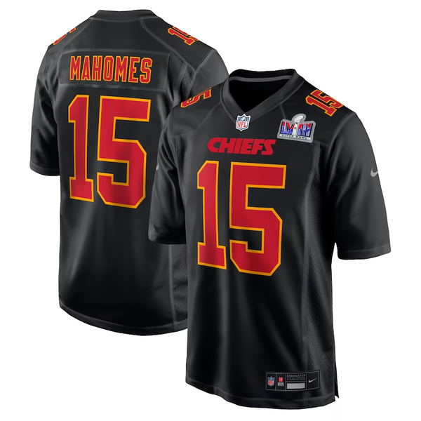 Men's Kansas City Chiefs Patrick Mahomes #15 Black Super Bowl LVIII Carbon Fashion Game Player Jersey