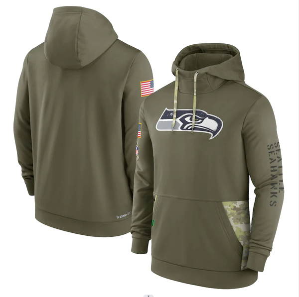 Men's Seattle Seahawks Olive 2022 Salute to Service Therma Performance Pullover Hoodie