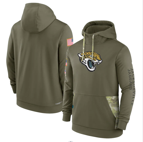 Men's Jacksonville Jaguars Olive 2022 Salute to Service Therma Performance Pullover Hoodie