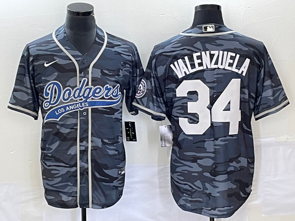 Men's Los Angeles Dodgers Fernando Valenzuela #34 Grey Camouflage Player Jersey Joint Edition