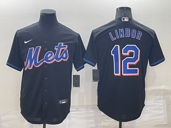 Men's New York Mets Francisco Lindor #12 Black Replica Baseball Jersey