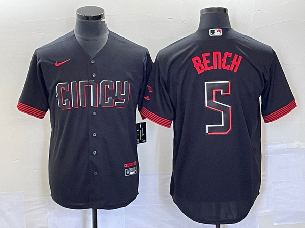 Men's Cincinnati Reds Johnny Bench #5 Black 2023 City Connect Replica Player Jersey