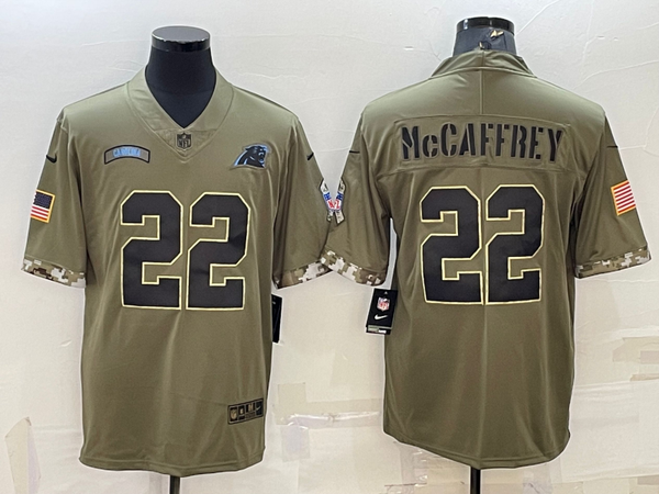 Men's Carolina Panthers Christian McCaffrey #22 Olive 2022 Salute To Service Limited Jersey