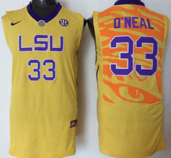 Men's LSU Tigers Shaquille O'Neal #33 Gold Player Game Jersey