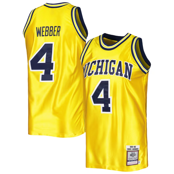 Men's Michigan Wolverines Chris Webber #4 Yellow Team Replica Basketball Jersey